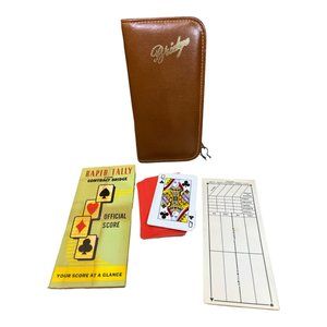 Vintage Bridge Card Game Carrying Case Genuine Leather & Playing Cards